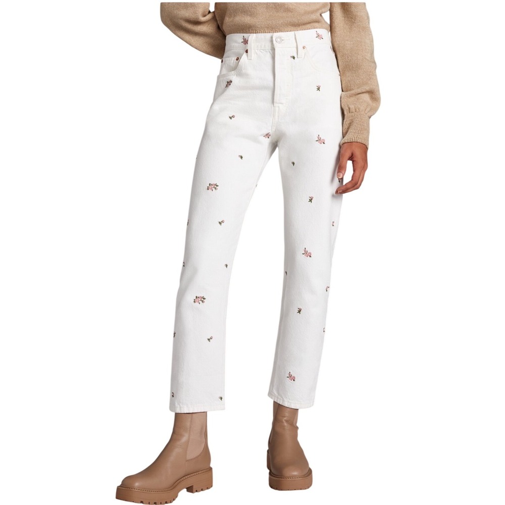Anthropologie Women's Levis 501 Floral Embroidered Jeans White Size 29 Feminine